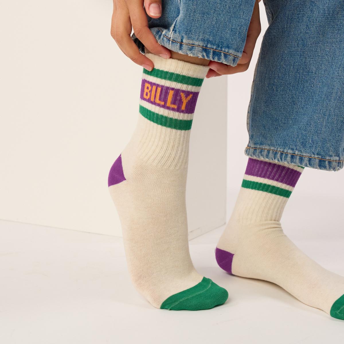 Chaussettes rétro en coton Tennis - Ecru et violet - Beige