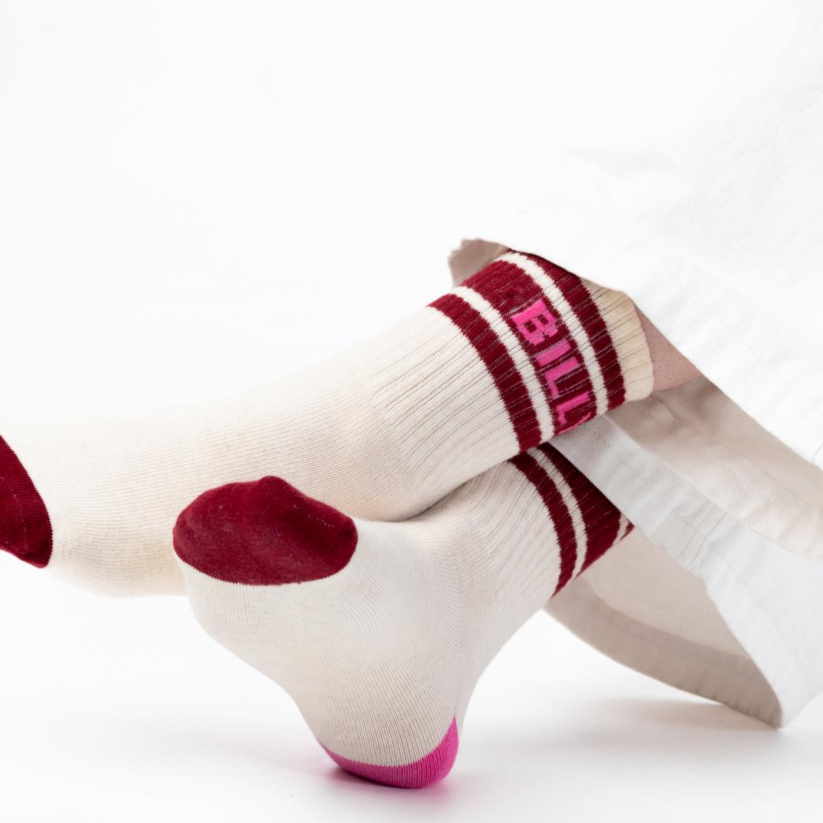 Chaussettes rétro en coton Tennis - Ecru et bordeaux - Beige