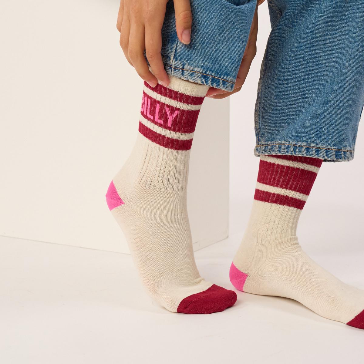 Chaussettes rétro en coton Tennis - Ecru et bordeaux - Beige