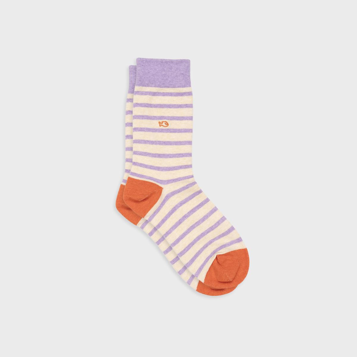 Chaussettes rayées en coton peigné - Beige et violet clair