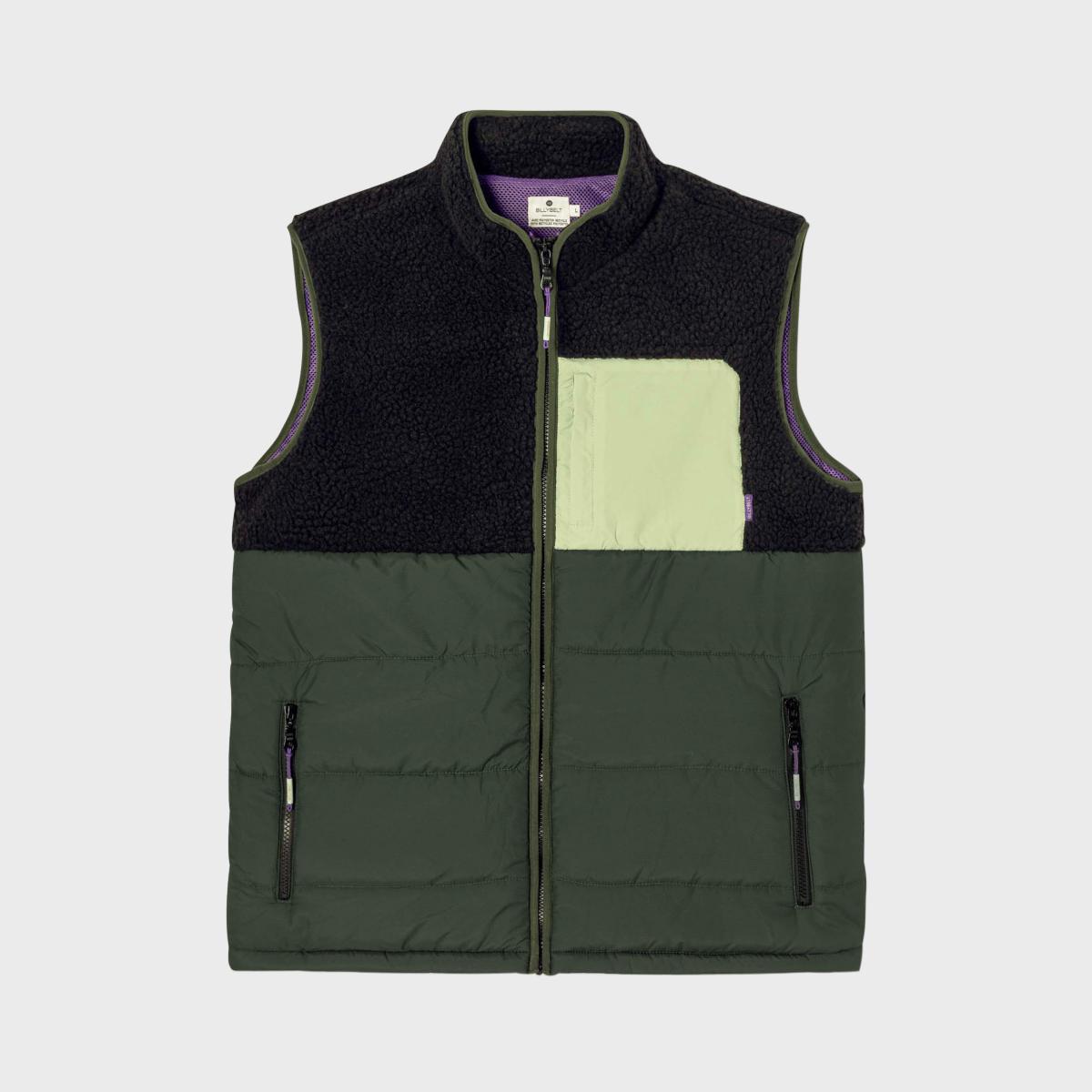 Mouwloze jas in twee materialen - Zwart en groen