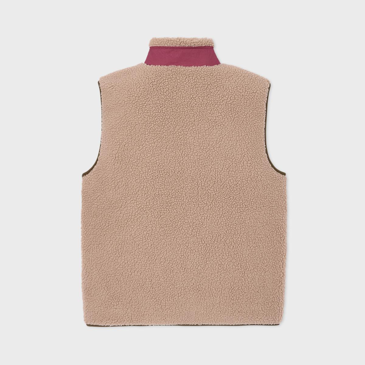 Mouwloze unisex sherpa jas met rits - Naturel en bordeaux - Bruin