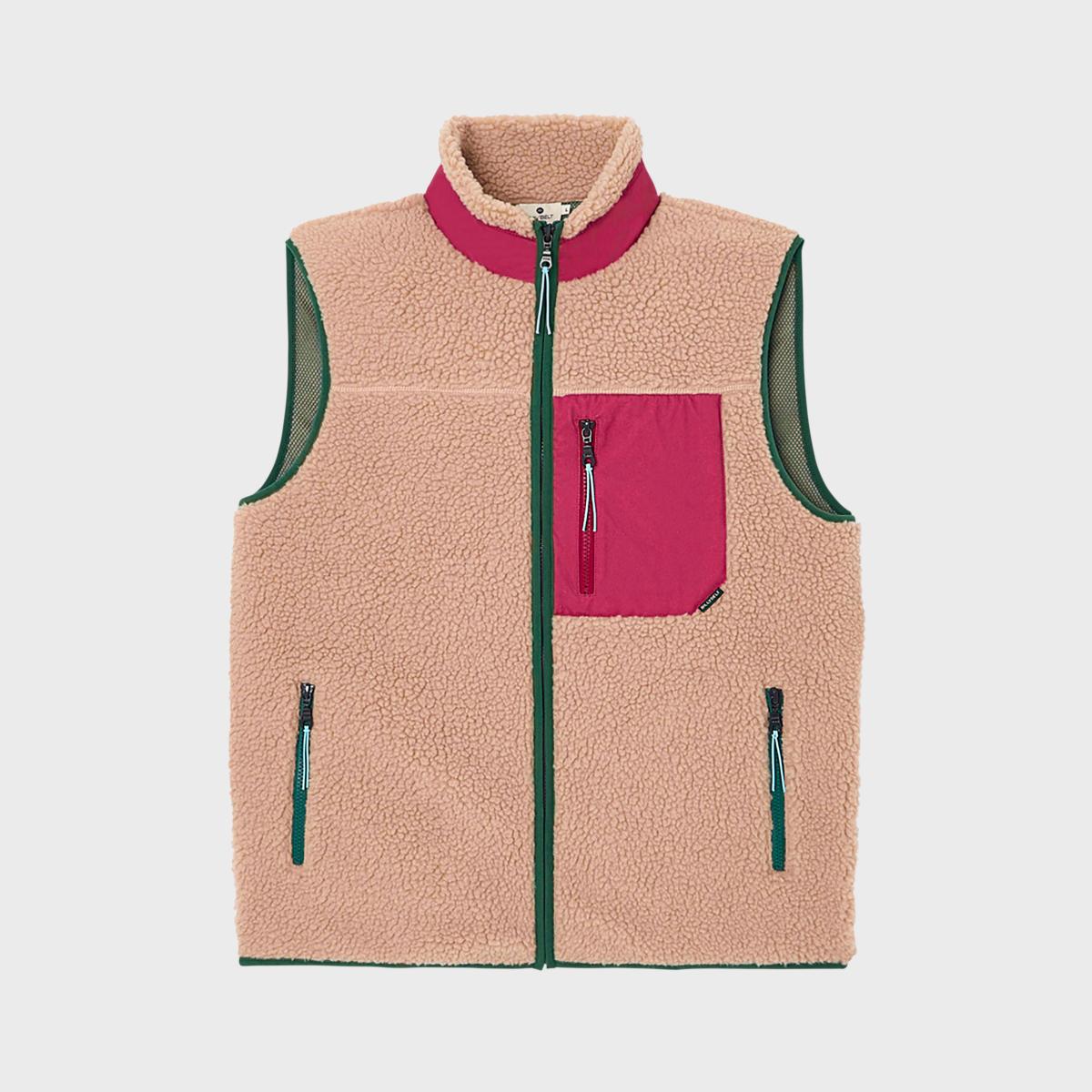 Mouwloze unisex sherpa jas met rits - Naturel en bordeaux - Bruin
