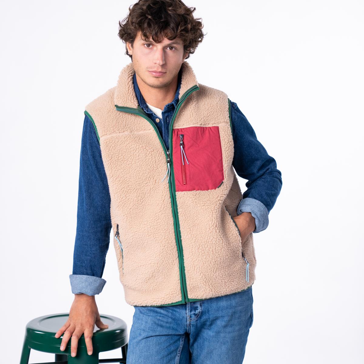 Mouwloze unisex sherpa jas met rits - Naturel en bordeaux - Bruin