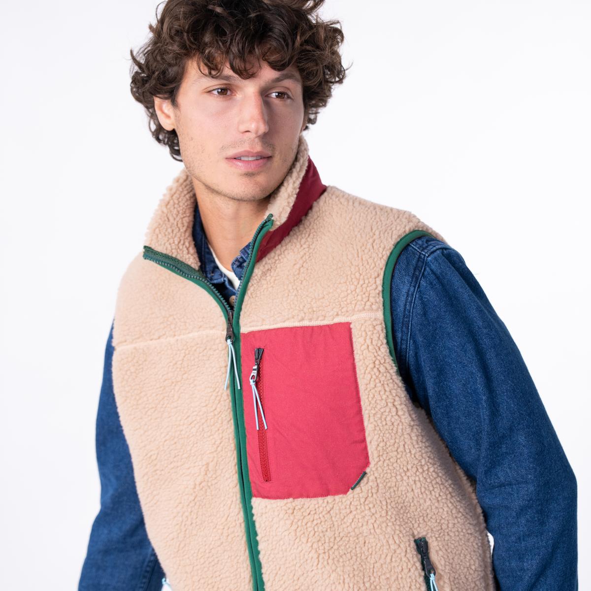 Mouwloze unisex sherpa jas met rits - Naturel en bordeaux - Bruin