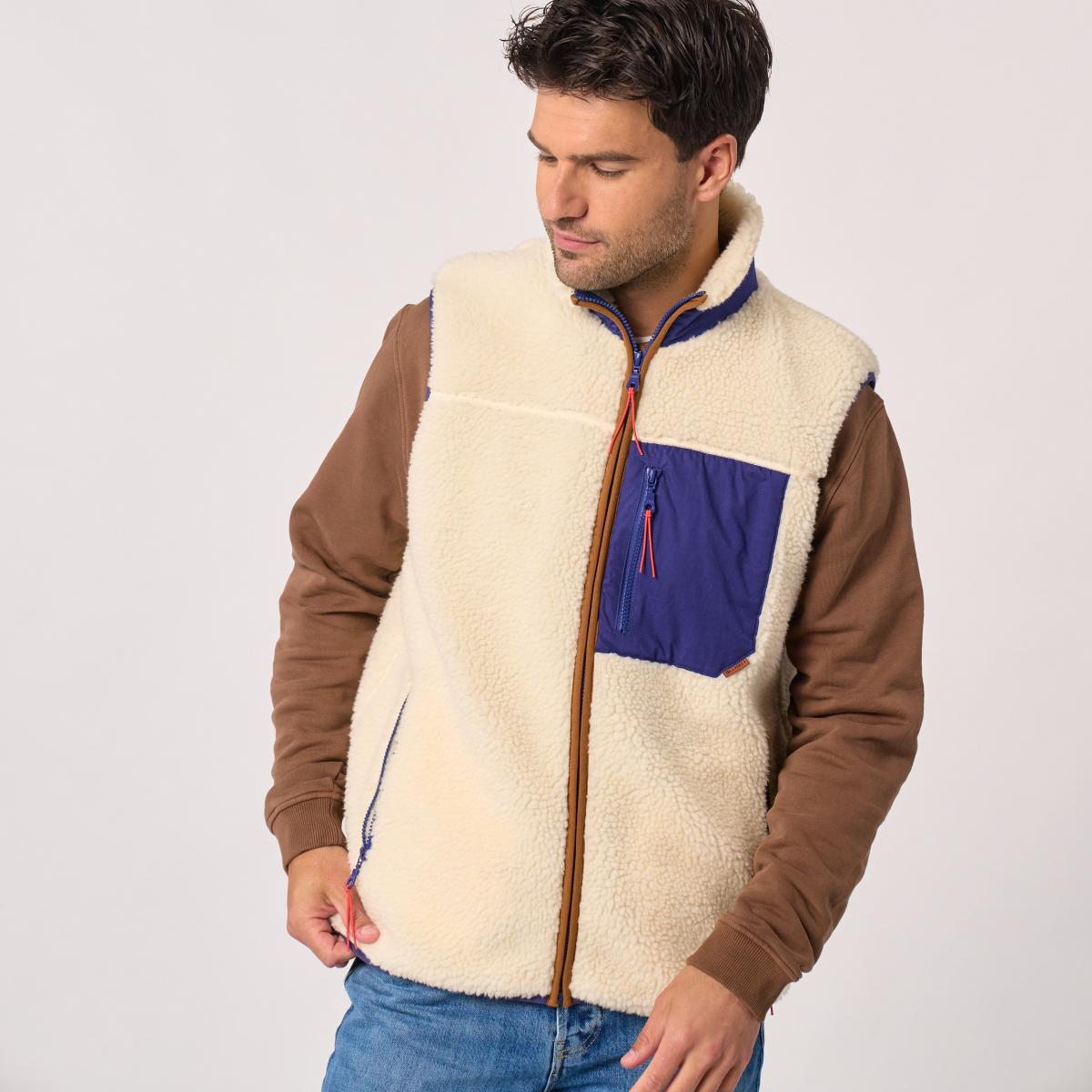 Veste en sherpa unisexe zippée sans manches - Ivoire et marine - Beige