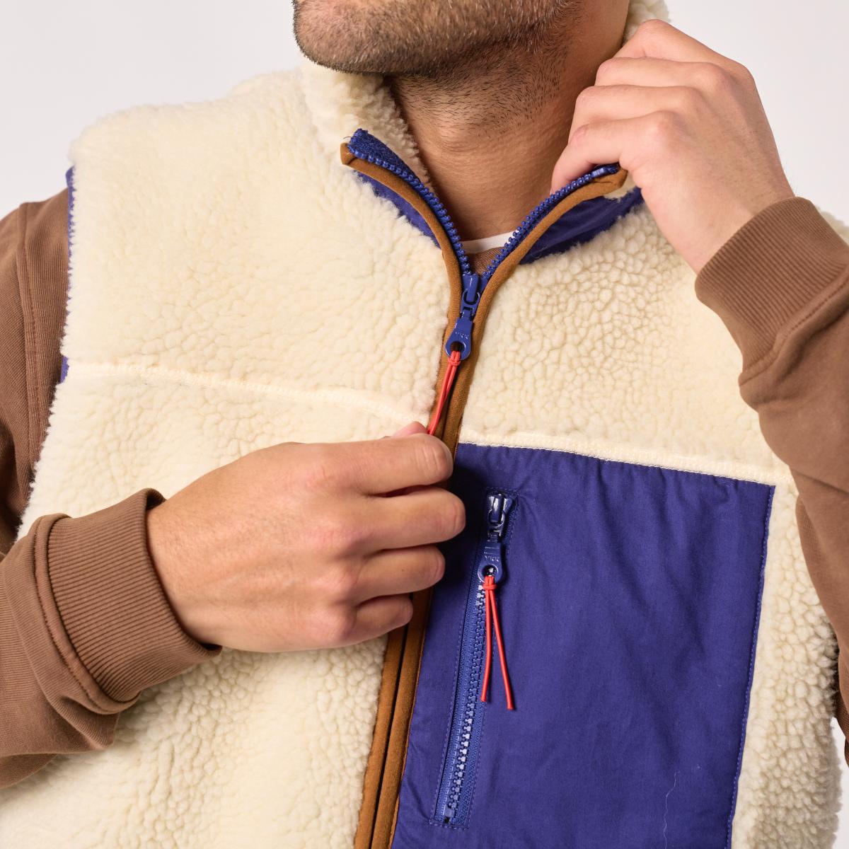 Veste en sherpa unisexe zippée sans manches - Ivoire et marine - Beige