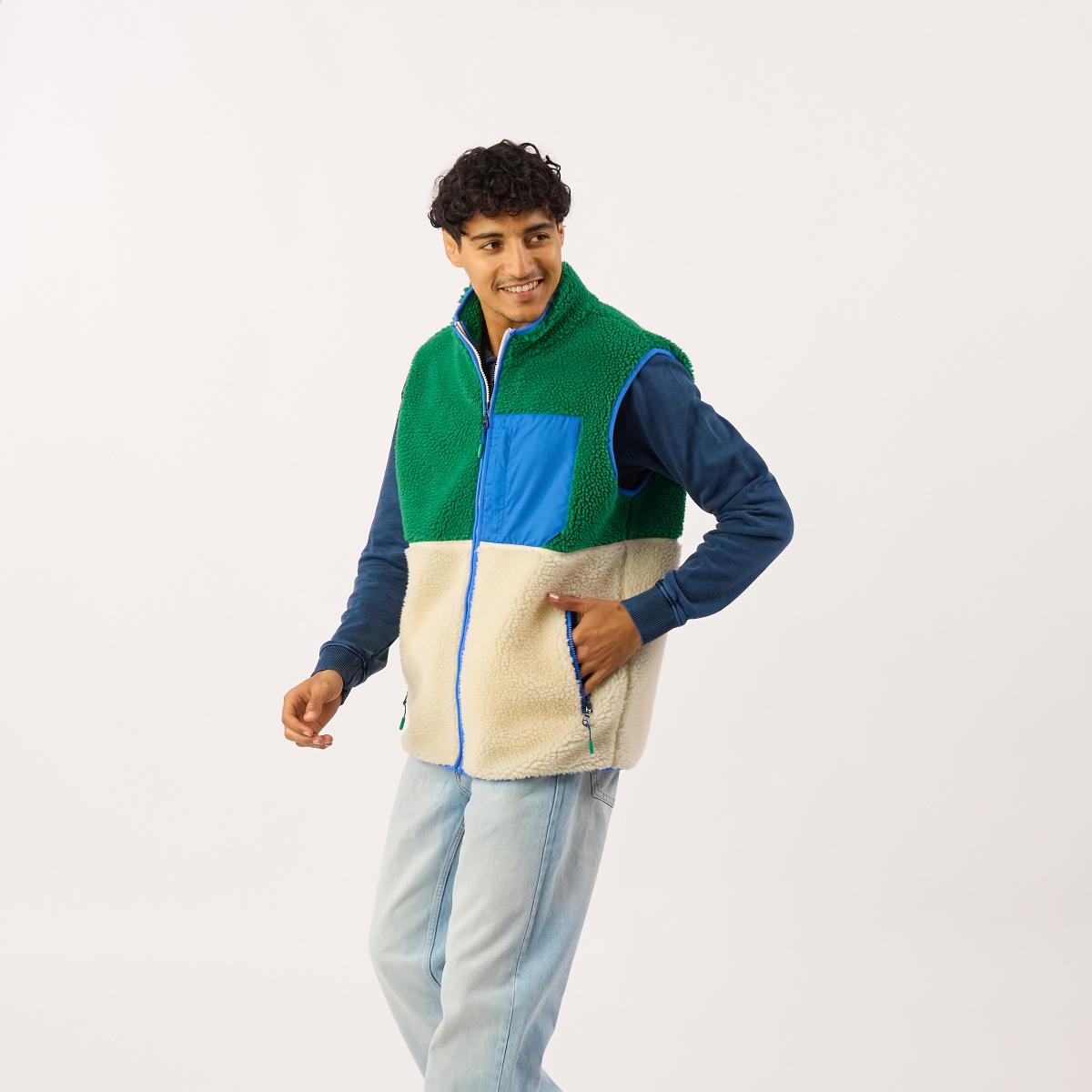 Veste en sherpa unisexe zippée sans manches - Ivoire et vert - Beige