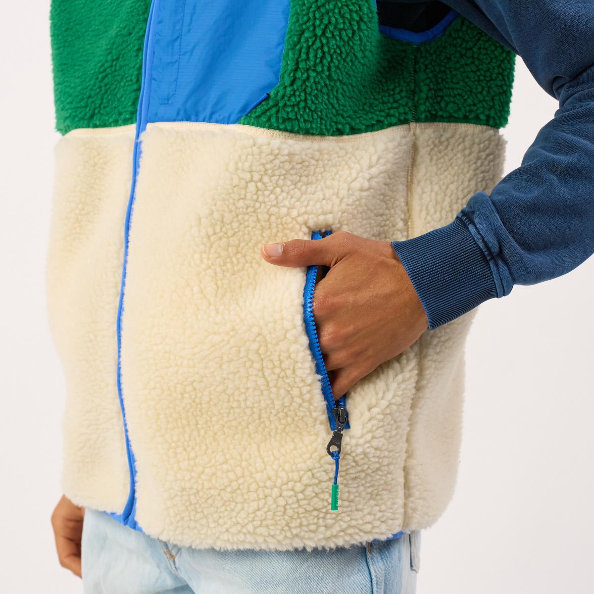 Veste en sherpa unisexe zippée sans manches - Ivoire et vert - Beige