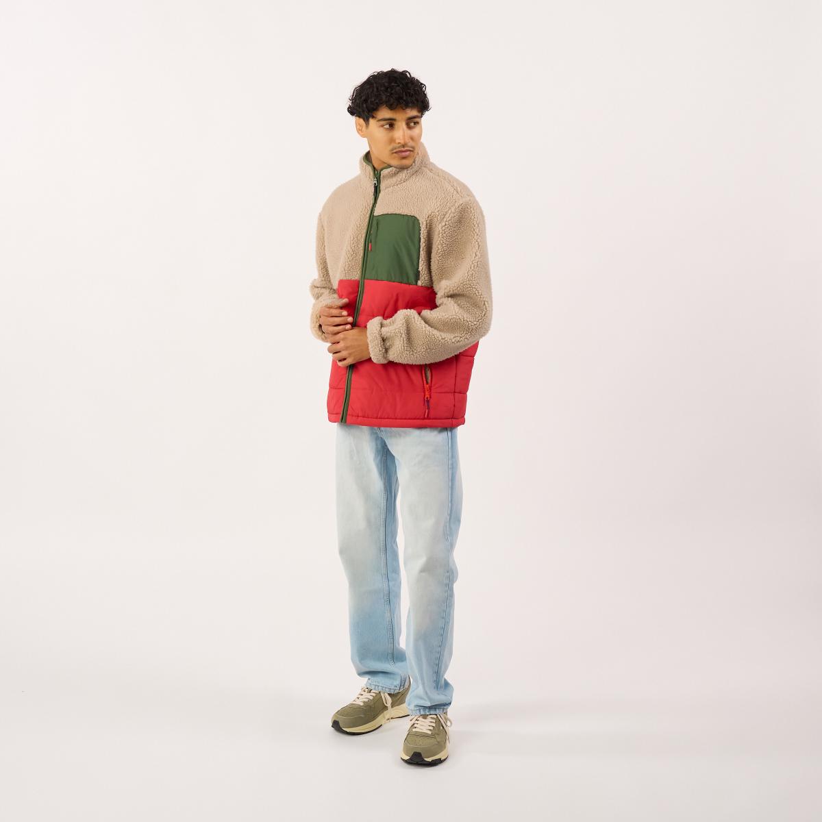 Veste bi-matières manches longues - Naturel et rouge - Marron