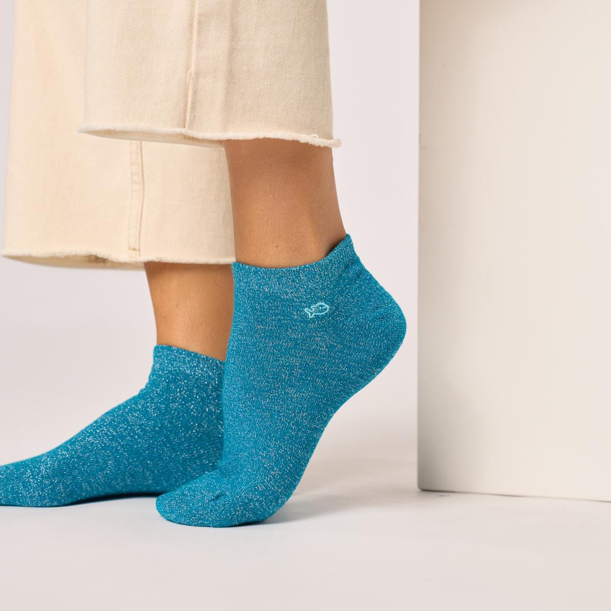 Effen enkelsokken van gekamd katoen - Glitter, eendenblauw