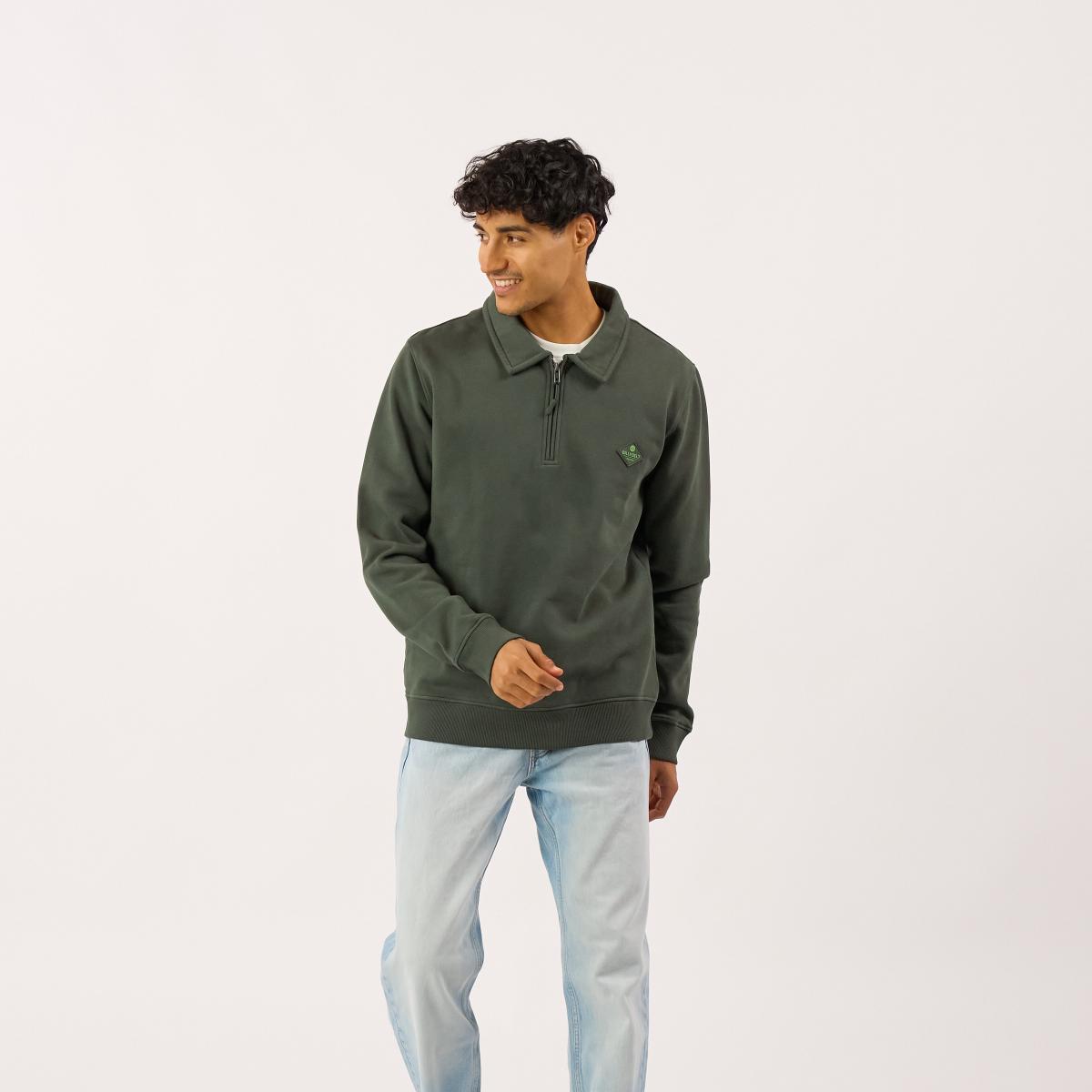 Sweater van biologisch katoen met ritskraag - Kaki - Groen