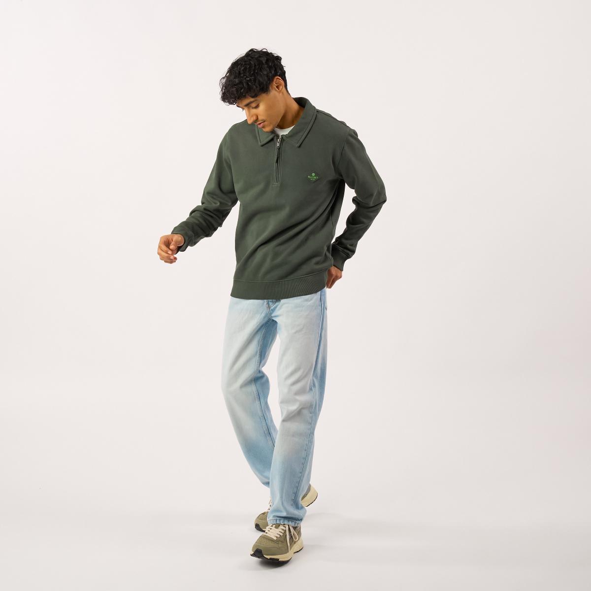 Sweater van biologisch katoen met ritskraag - Kaki - Groen