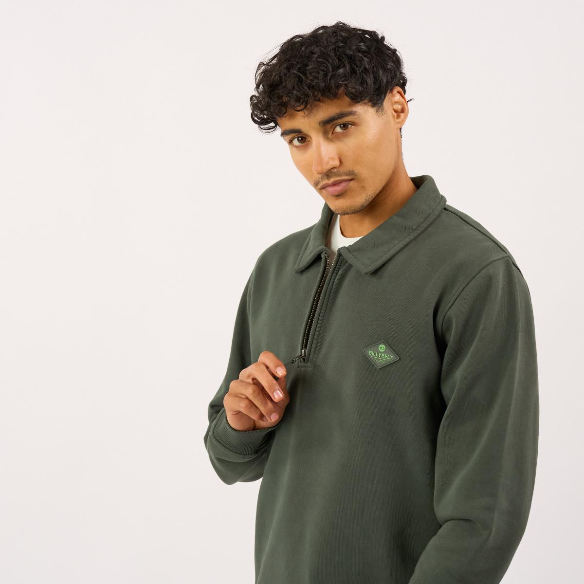 Sweater van biologisch katoen met ritskraag - Kaki - Groen