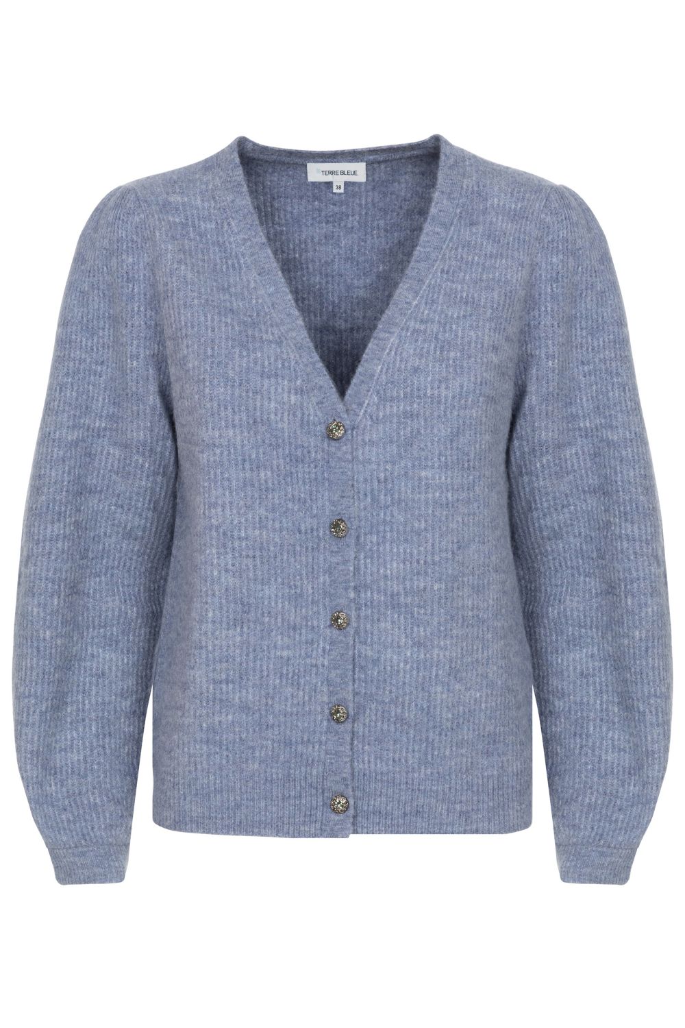 Korte blauwe cardigan met V-hals en retroknopen