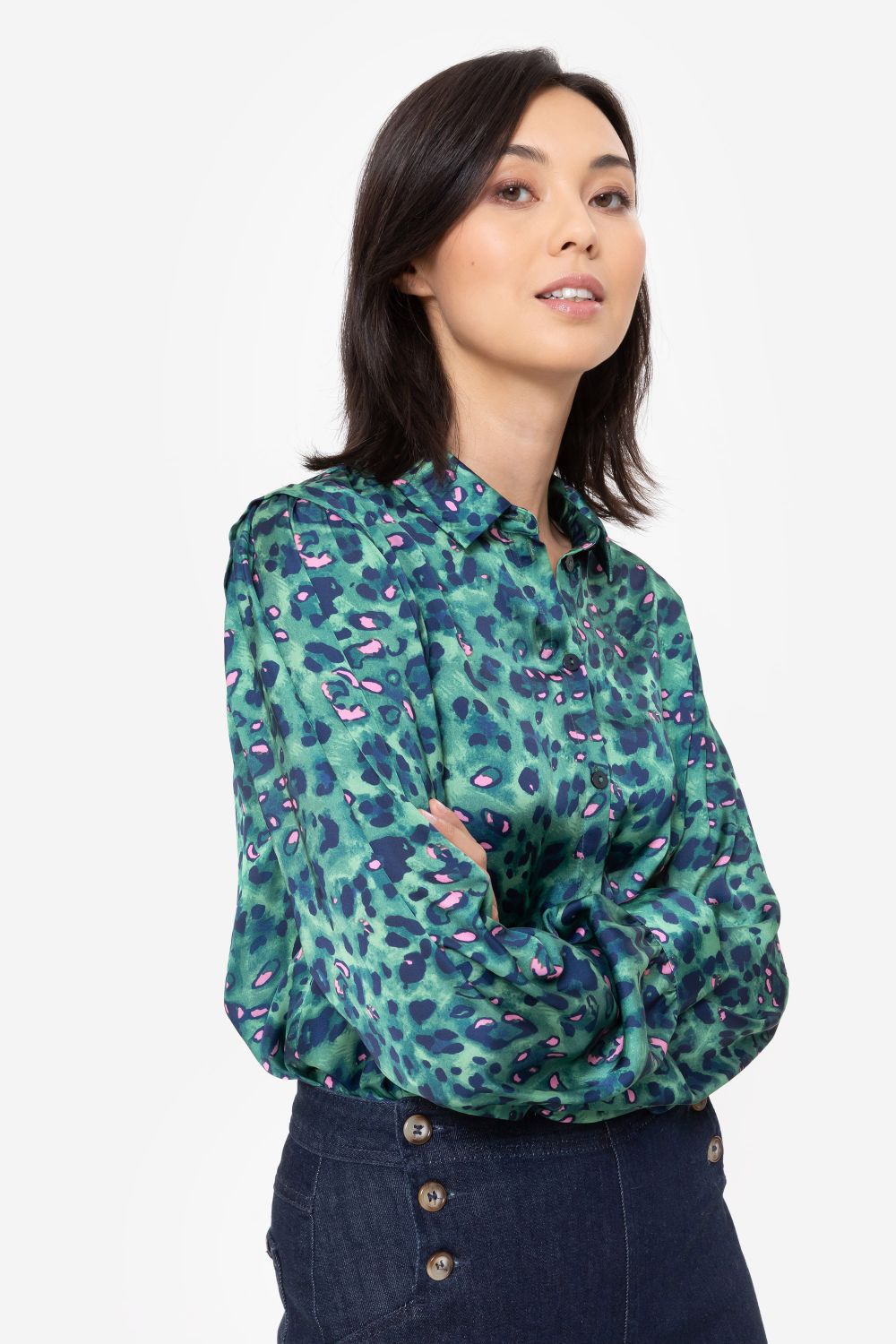 Donkergroene blouse met satijnlook en print