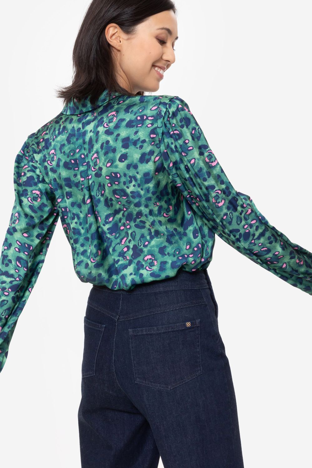 Donkergroene blouse met satijnlook en print