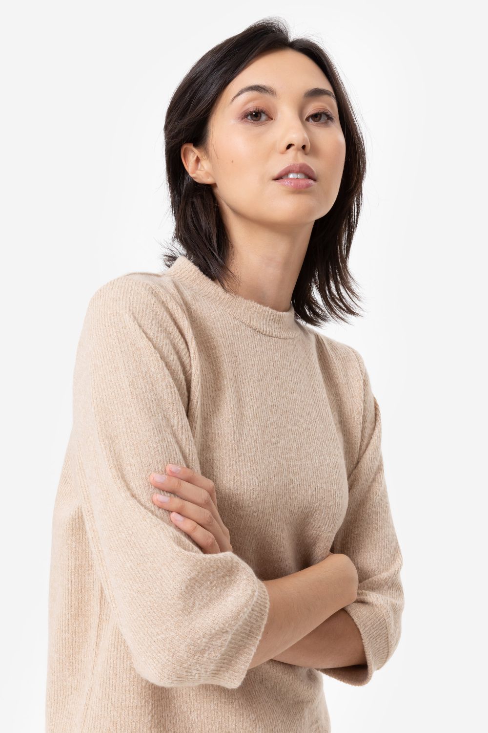 Donkerbeige tricot top met 3/4 mouwen