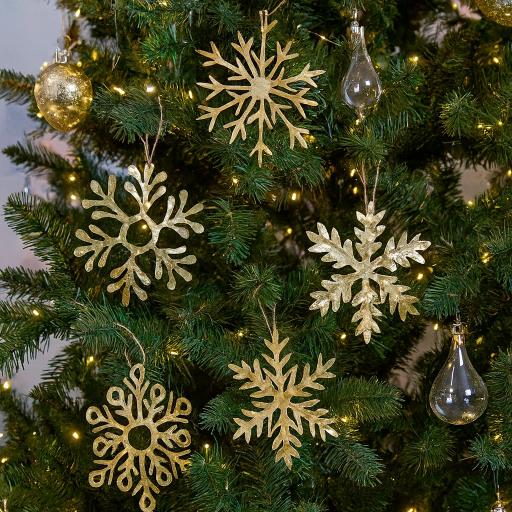 Sneeuwvlok-ornamenten goud metallic, klein, set van 5