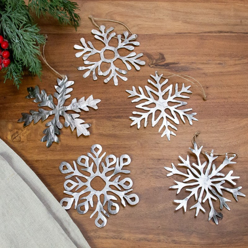 Sneeuwvlok-ornament zilver metallic, groot, set van 5