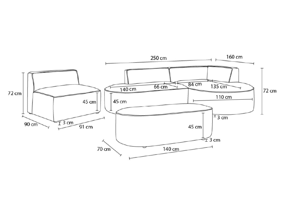 Vaste hoekbank ROUSSEAU met textuurstof met 1 chaise longue en 1 poef