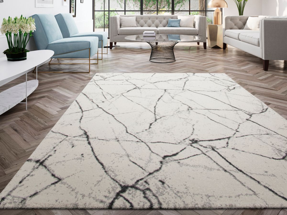Kortharig tapijt ERINE abstract patroon - Zwart-wit marmerprint