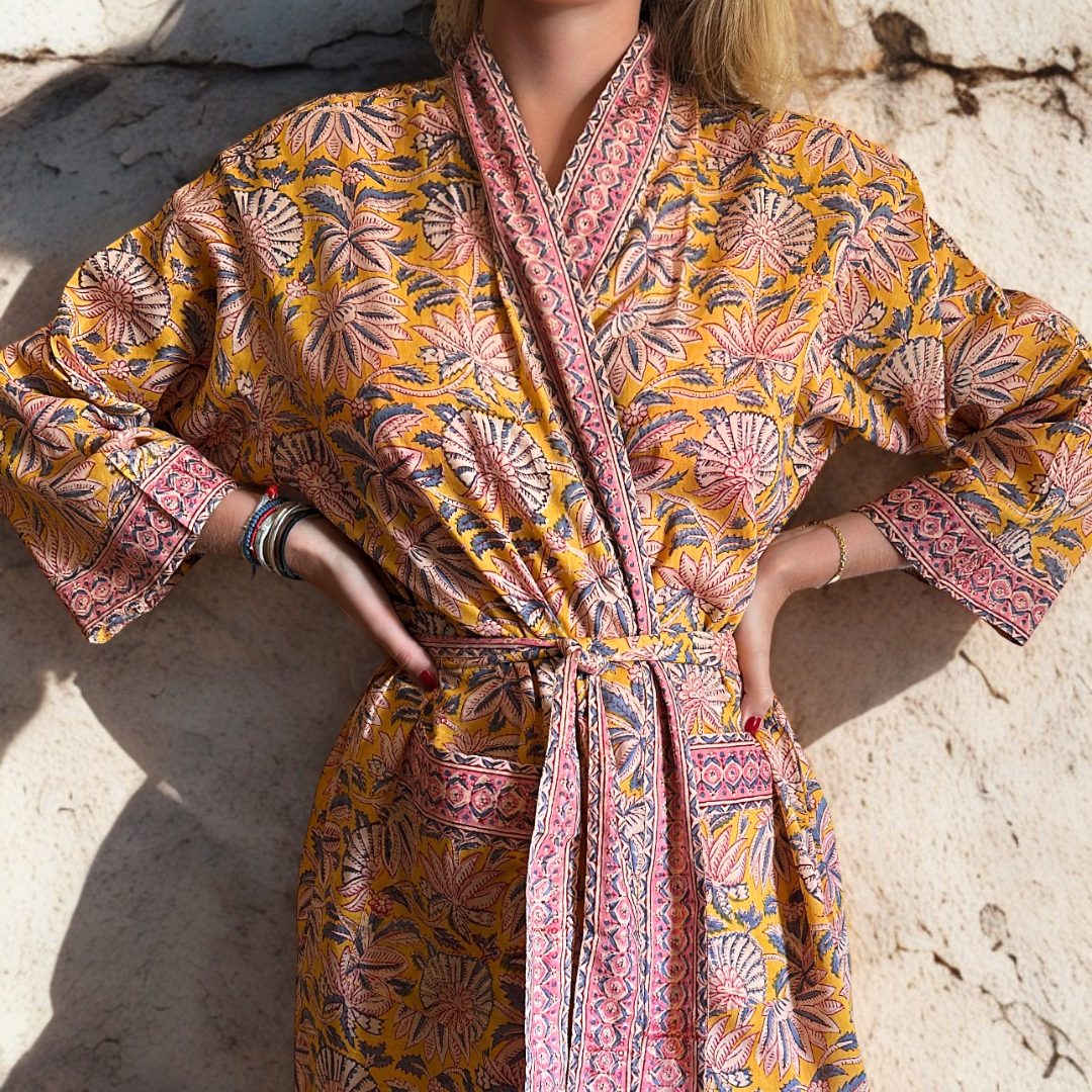 Kimono Madras Geel in katoenen voile