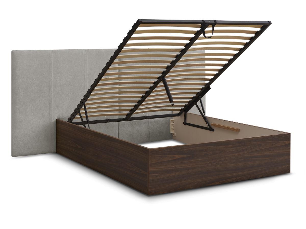 Lit coffre ALTIRA en bois foncé et tissu texturé