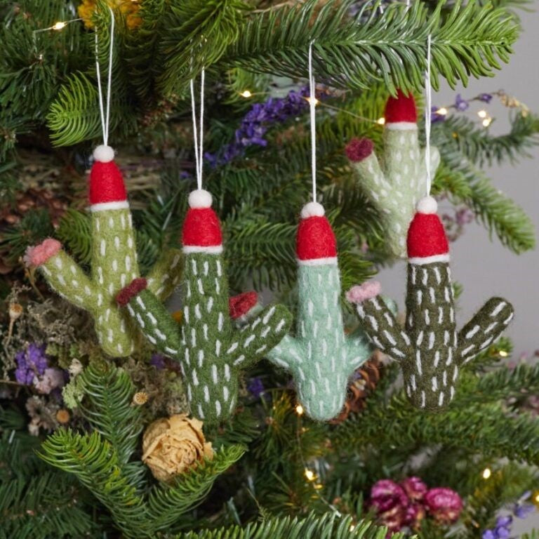 Vilten kerstcactus-ornamenten, set van 5