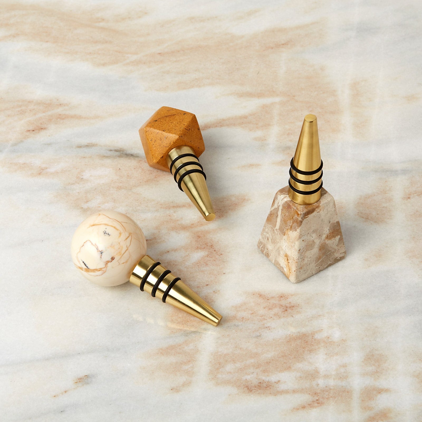 Assortiment marmeren flessenstoppen, set van 3 in geschenkdoos