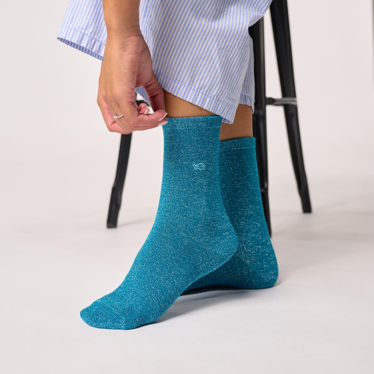 Chaussettes unies en coton peigné pailletées - Bleu canard