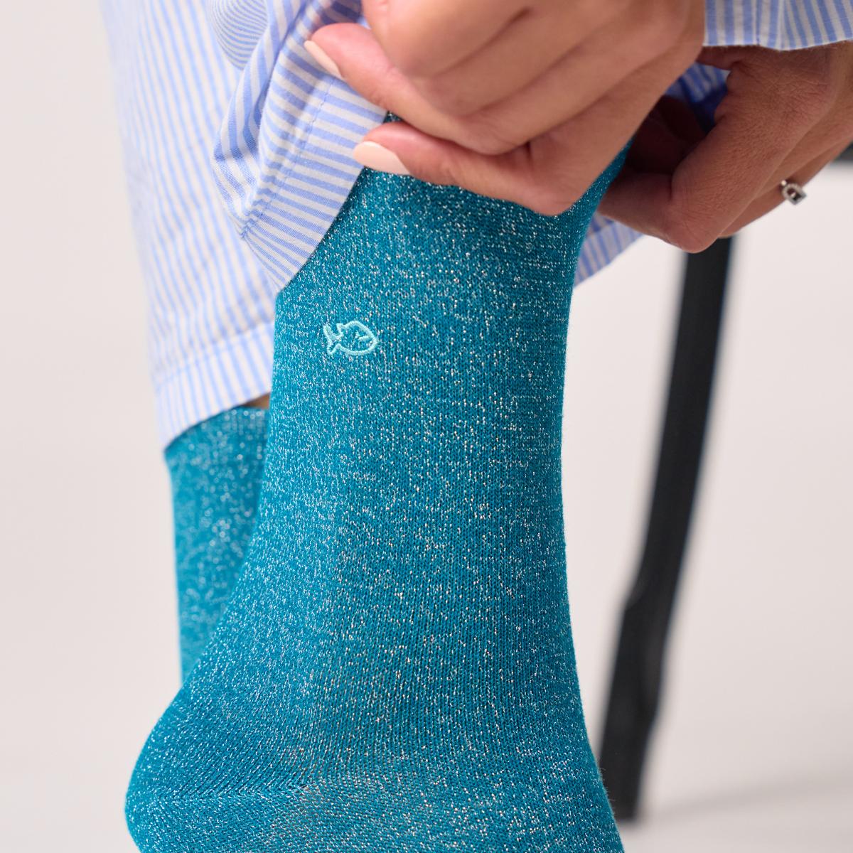 Chaussettes unies en coton peigné pailletées - Bleu canard