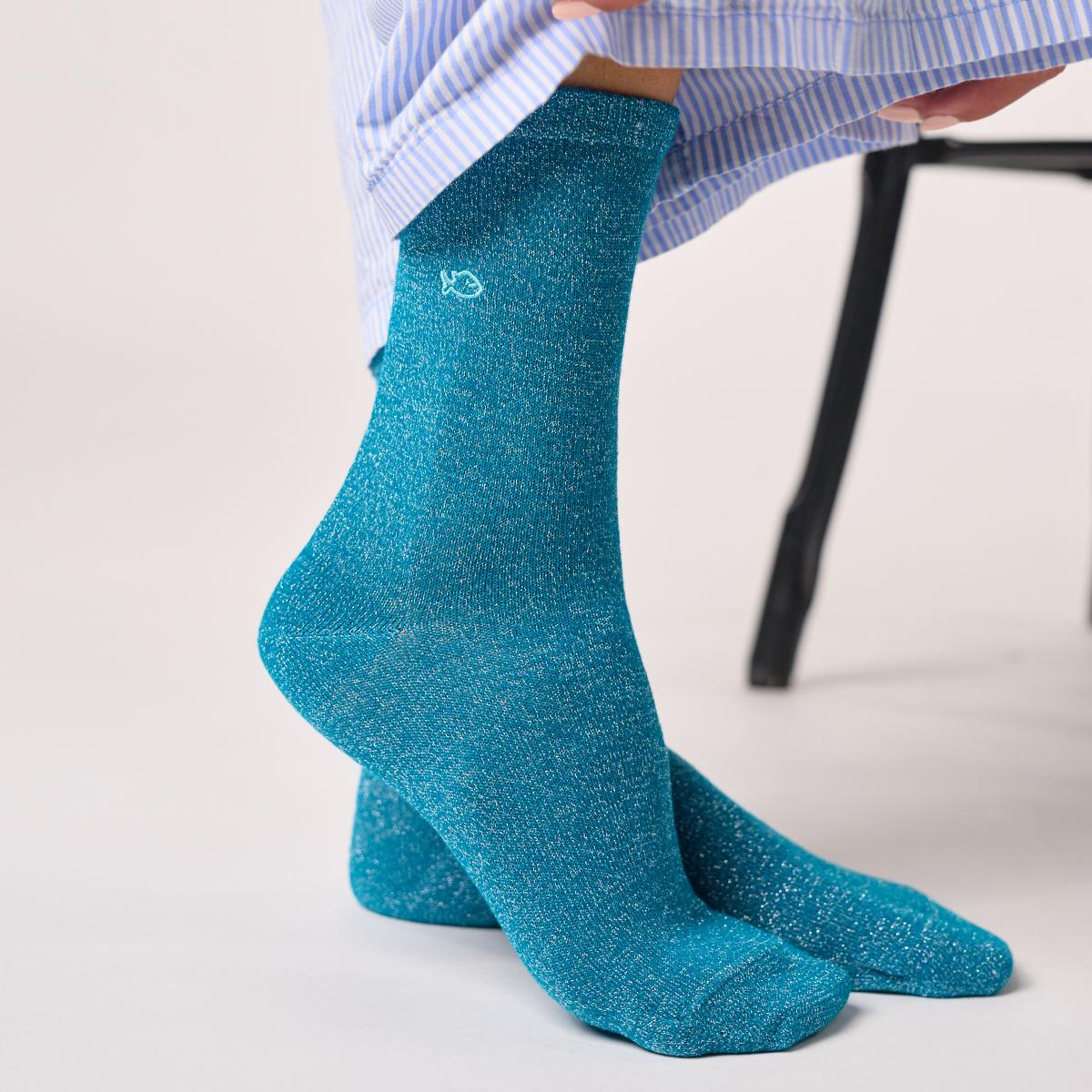 Chaussettes unies en coton peigné pailletées - Bleu canard