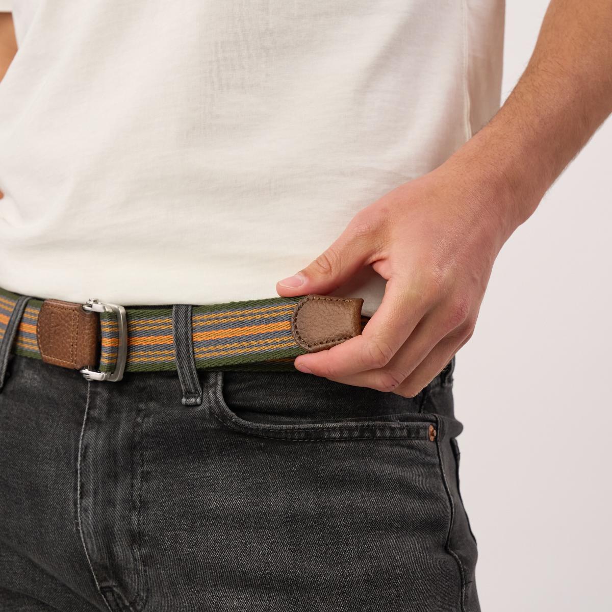 Meerkleurige stoffen riem - Oranje, blauw en groen