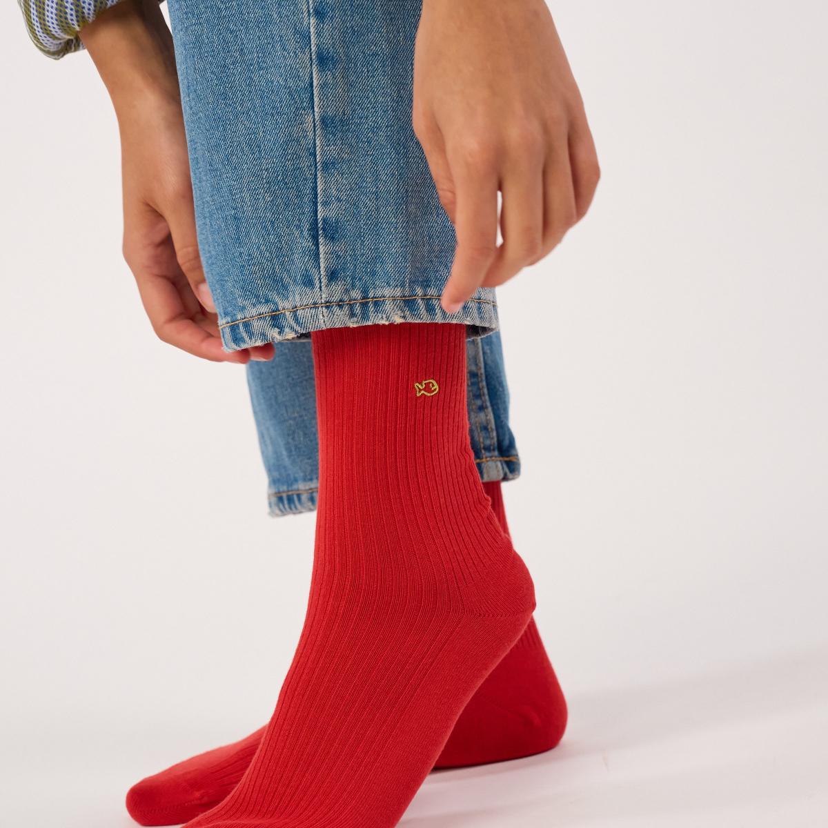 Chaussettes unies en coton peigné - Rouge