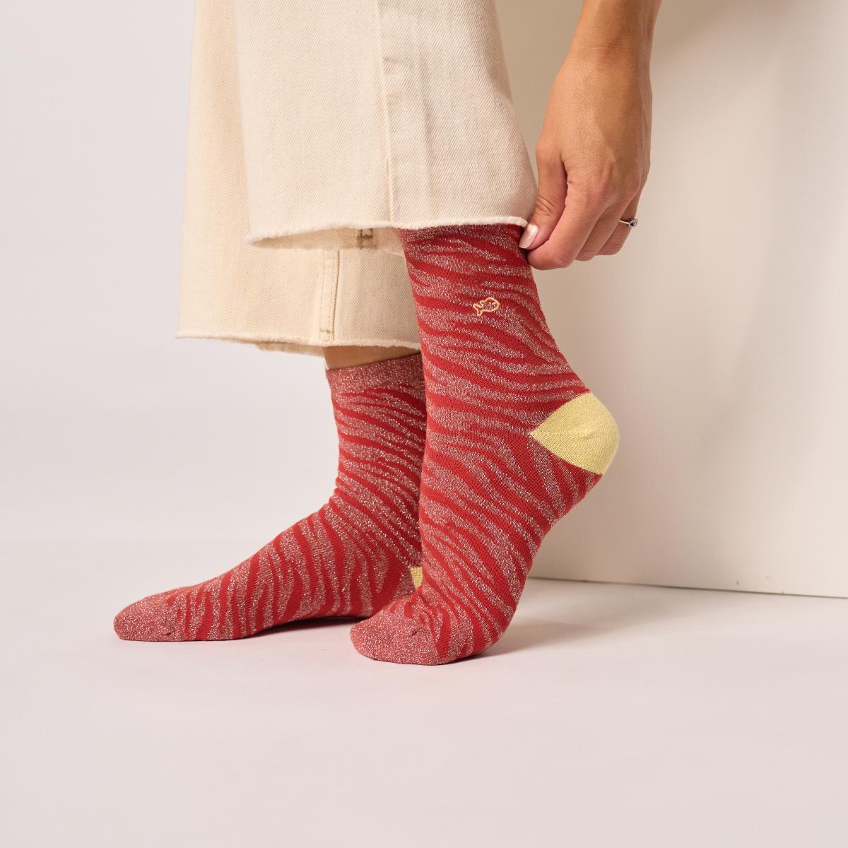 Chaussettes animaux en coton peigné - Zèbre, bordeaux - Rouge