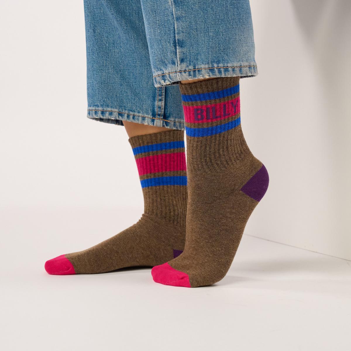 Chaussettes rétro en coton Tennis - Marron et rose