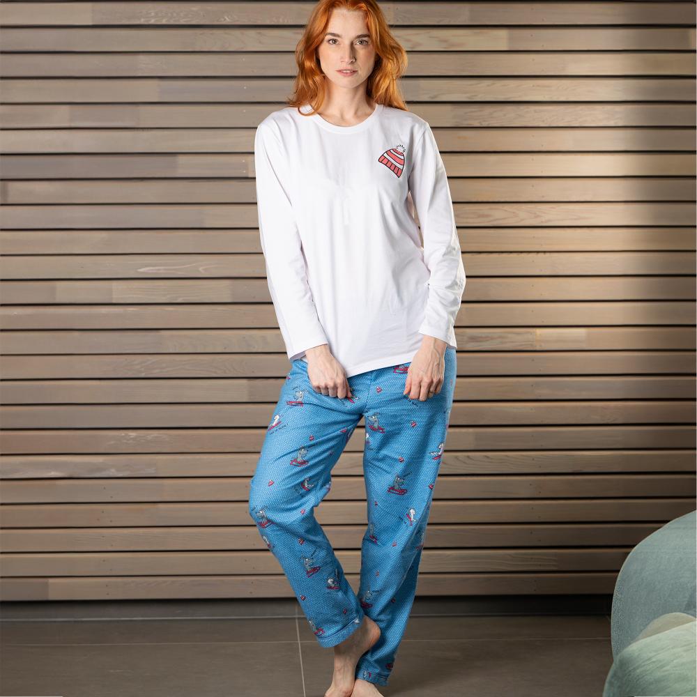 Pyjama flannelle et jersey - Femme - Blanc Et Bleu