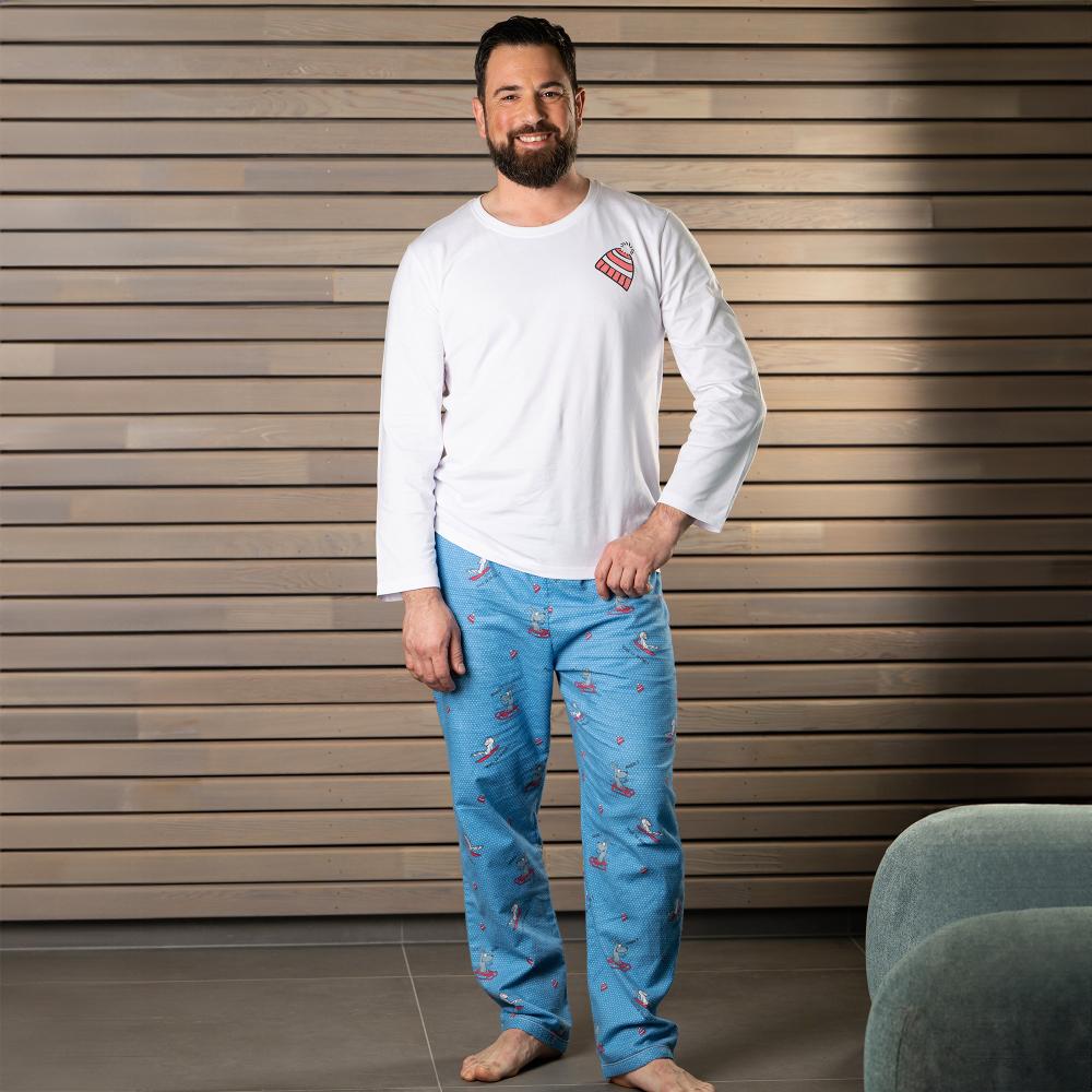 Pyjama flannelle et jersey - Homme - Blanc Et Bleu