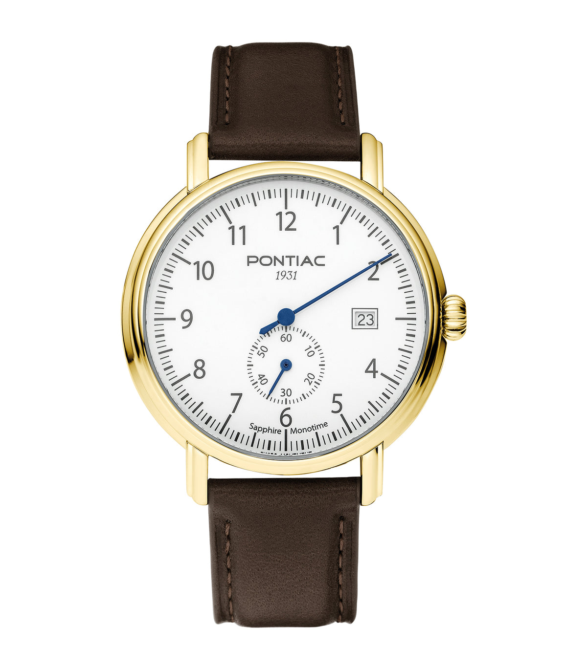 Pontiac - Monotime - Man - Bracelet Brun - Cadran Blanc - Boitier Or Jaune