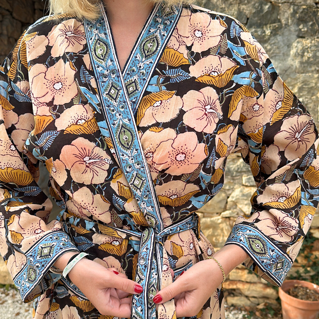 Zwarte Madras Kimono van katoenen voile