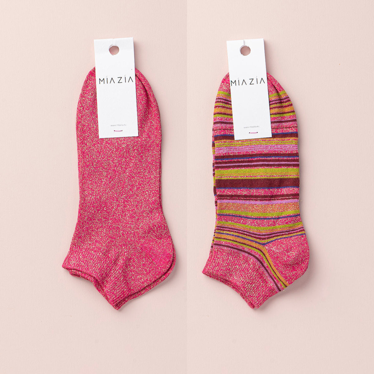 Mia Zia - Set van 2 paar sneakersokken Fushia glitter, effen + gestreept