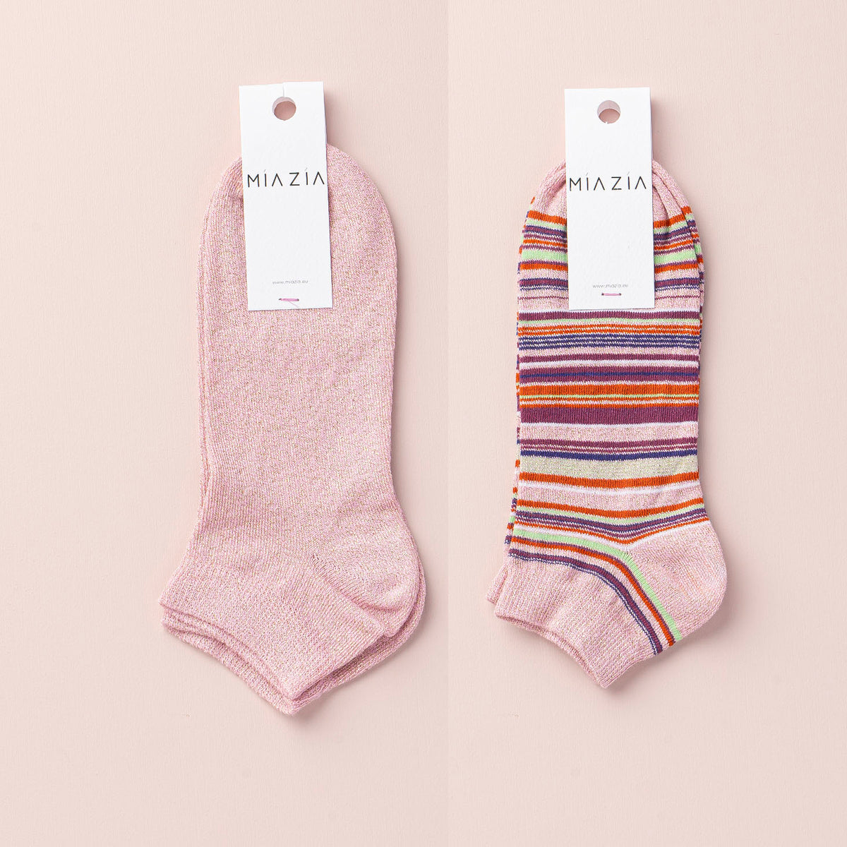 Mia Zia - Set van 2 paar sneakersokken Pink glitter, effen + gestreept