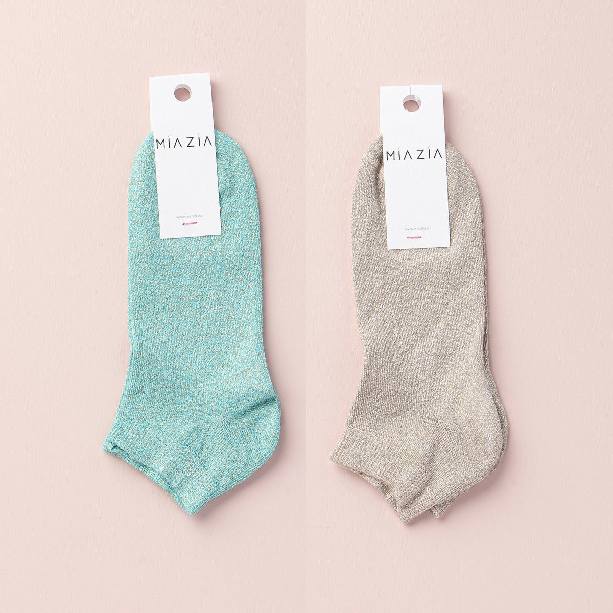 Mia Zia - Set van 2 paar sneakersokken Fushia glitter Aqua & Beige