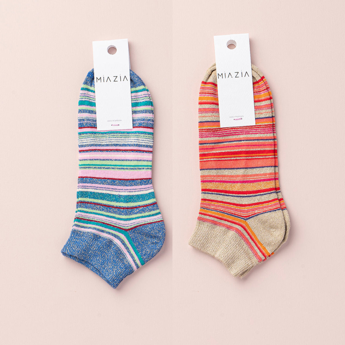 Mia Zia - Set van 2 paar sneakersokken gesrteept  glitter :  Beige &  Blue