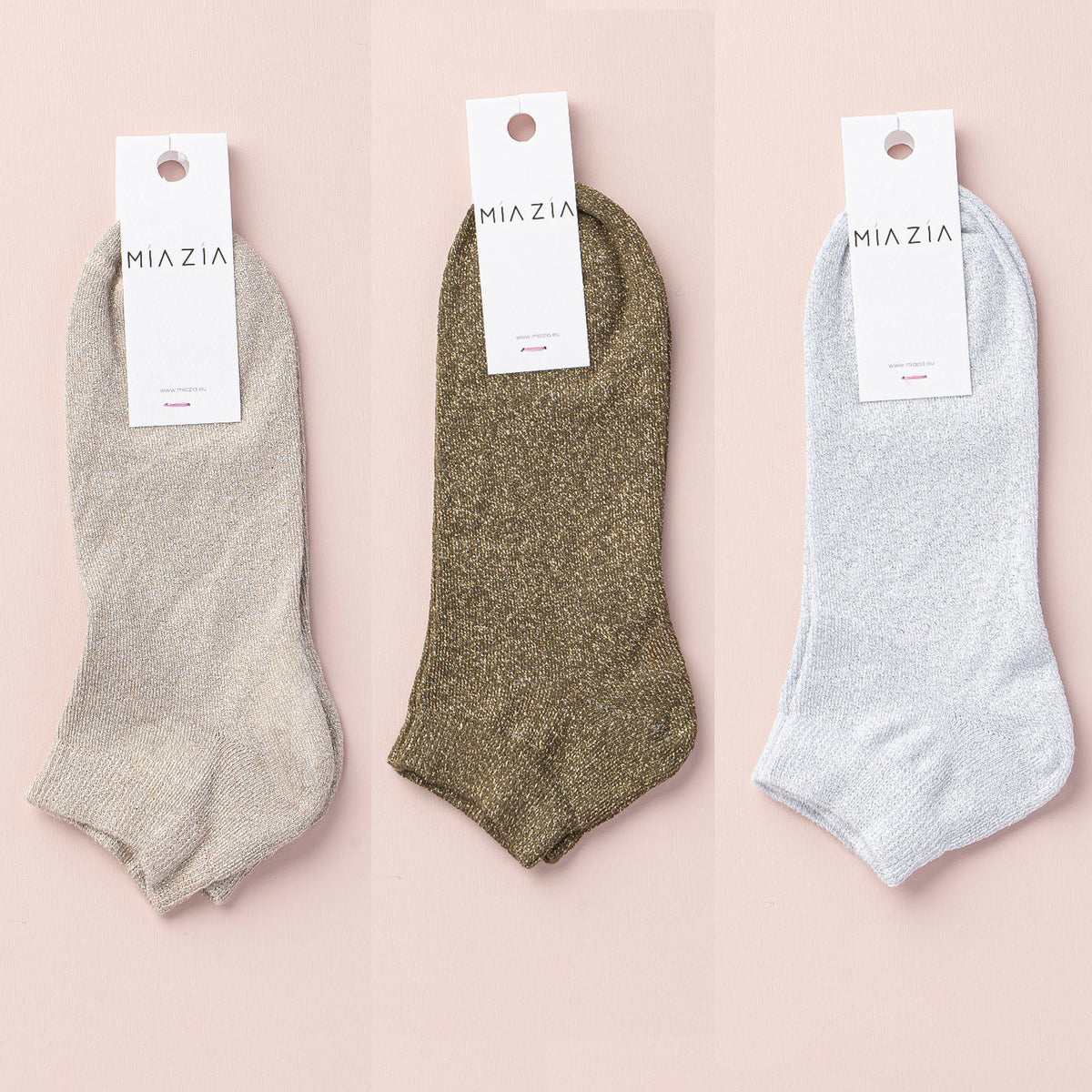 Mia Zia - Set van 3 paar sneakersokken Fushia glitter Beige, Kaki & Light Grey