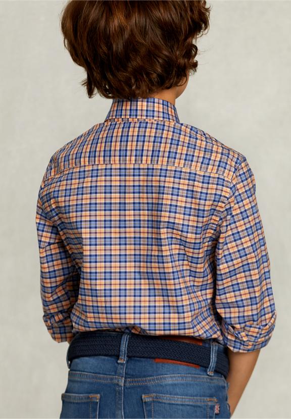 Custom Fit Checked Shirt Blue/Orange - Geel