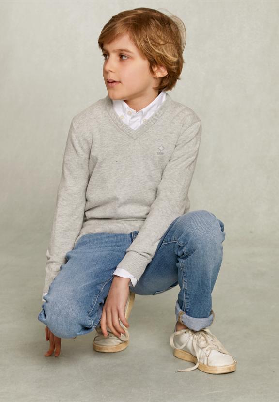 Normal Fit Basic V-Neck Pullover Oyster Mix - Grijs