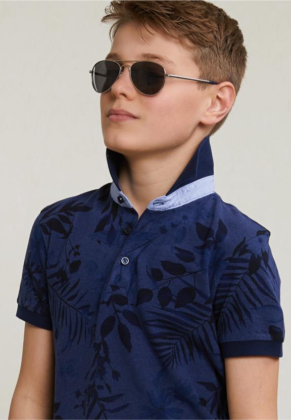 Custom Fit Cotton Floral Polo Short Sleeves Saphire Mix - Bleu