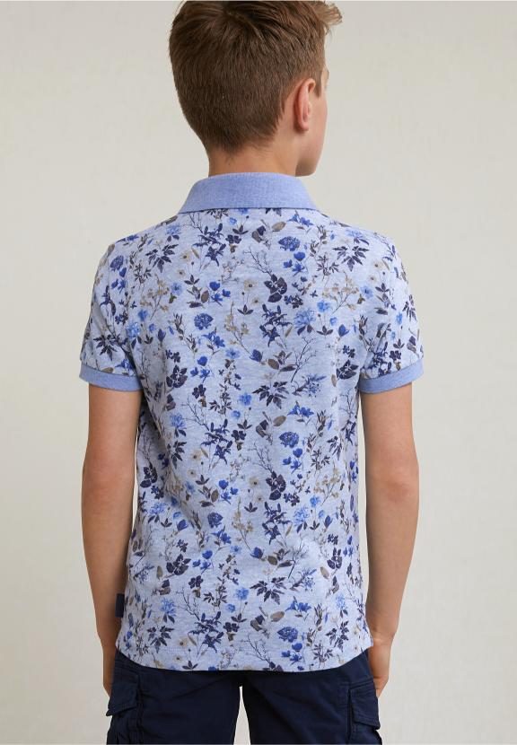 Custom Fit Cotton-Linen Floral Polo Chambray Mix - Blauw